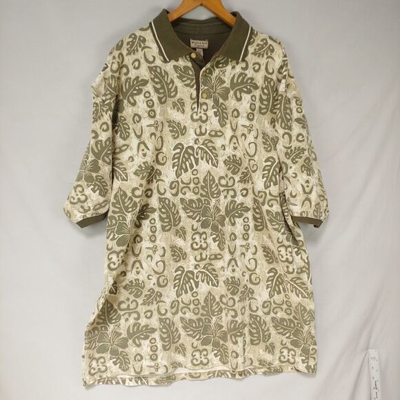 BUGLE BOY Original Green Tan Island Aloha Collar Hawaiian Polo Shirt XXL - Picture 1 of 8